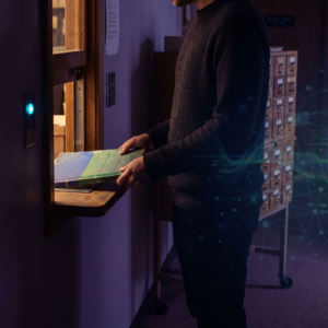 Nordisk arkivgang ved en udleveringsluge om aftenen: en anonym torso sætter en label‑fri udtrækslomme tilbage, indigo‑violet lys og cyan signalaccents antyder et agentisk research‑flow.