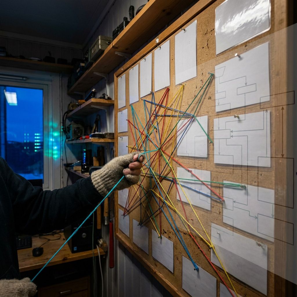 Routing board i en operationsniche med farvede tråde og en hånd, metaphor for agentisk orkestrering og planlægning.