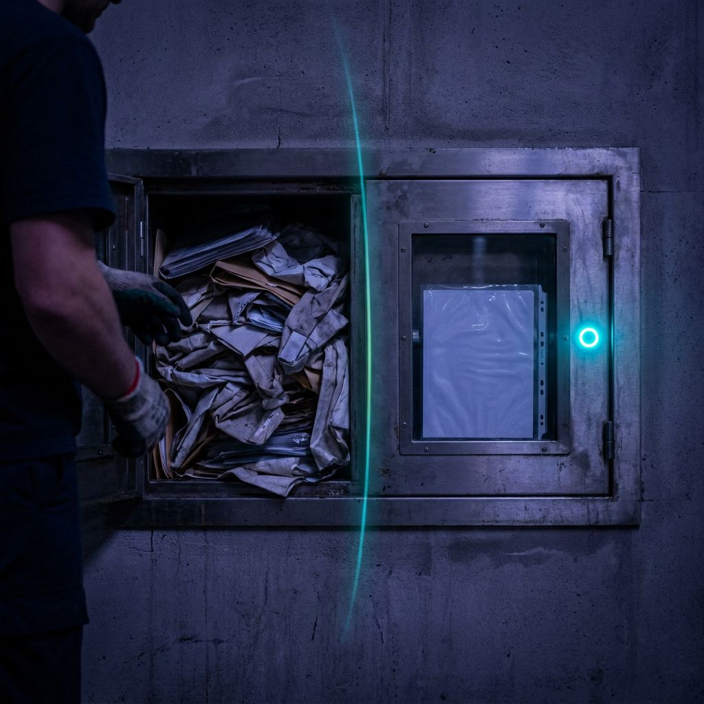 Kontrast mellem ældre manuel retrieval og et strømlinet agent‑assisteret flow ved en serviceluge, indigo og cyan signaler.