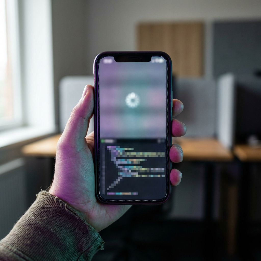 Nært makrofoto af en anonym hånd med smartphone; sløret godkendelses‑UI og cyan/purpur signalaccents, uden læsbar tekst.