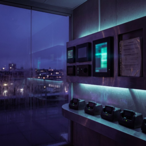 Nordisk operations-niche ved skumring: tom on-call alcove med statuspaneler, pager-docks og svage cyan/grønne signalaccents; stemningsfuld, dyb lilla/indigo tone med subtile data-puls overlays.