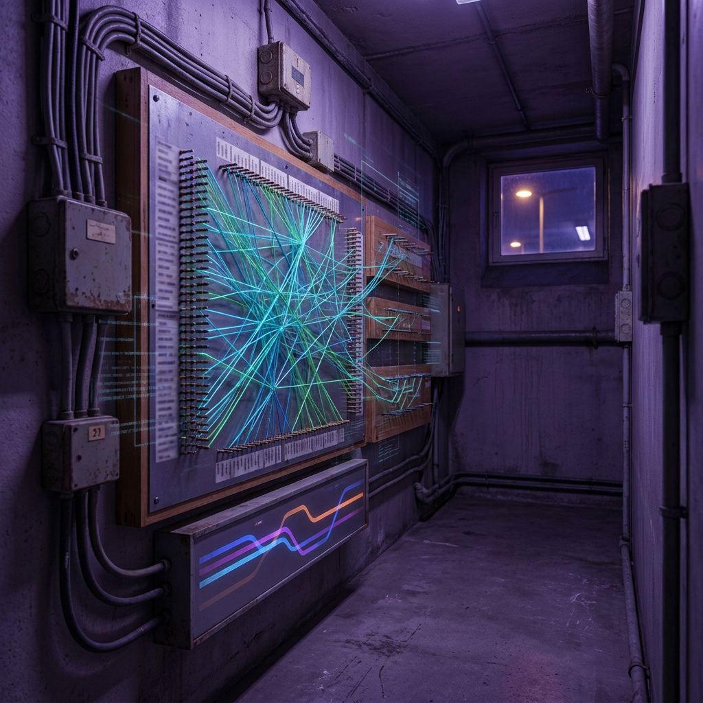 Systems routing board metaphor: vægmonteret pinboard med farvet tråd og små LED‑bånd i nordisk, indigo‑tonet lys; visuelt billede af multi‑account signalkæder uden læsbar tekst.