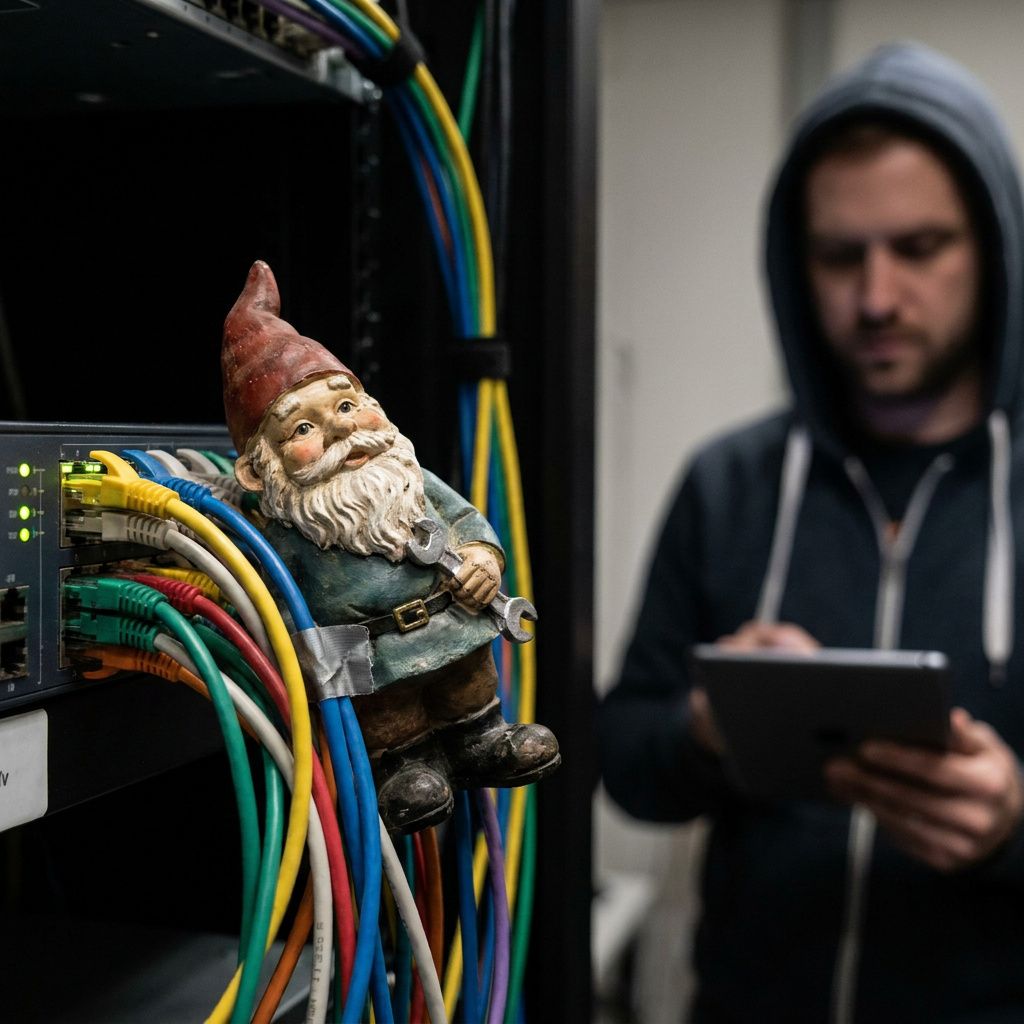 Nærbillede af en runbook‑lomme og pager‑dock i indigo/cyan toner; detaljebillede der antyder agentens forslag ind i eksisterende runbooks, uden læsbar tekst.