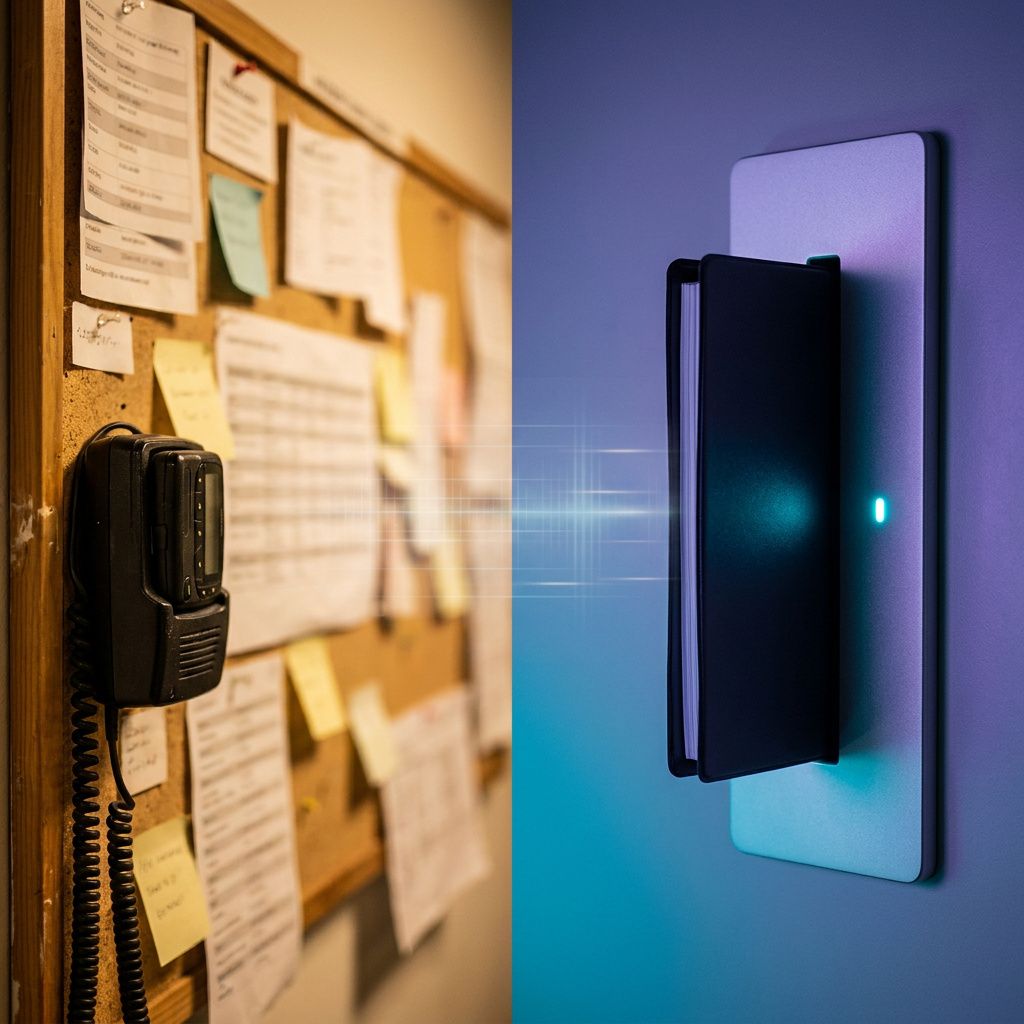 Kontrastbillede: til venstre rodet analog incidenttavle, til højre rolig operations‑slot med cyan indikator; viser før/efter-effekt af en ambient agent.