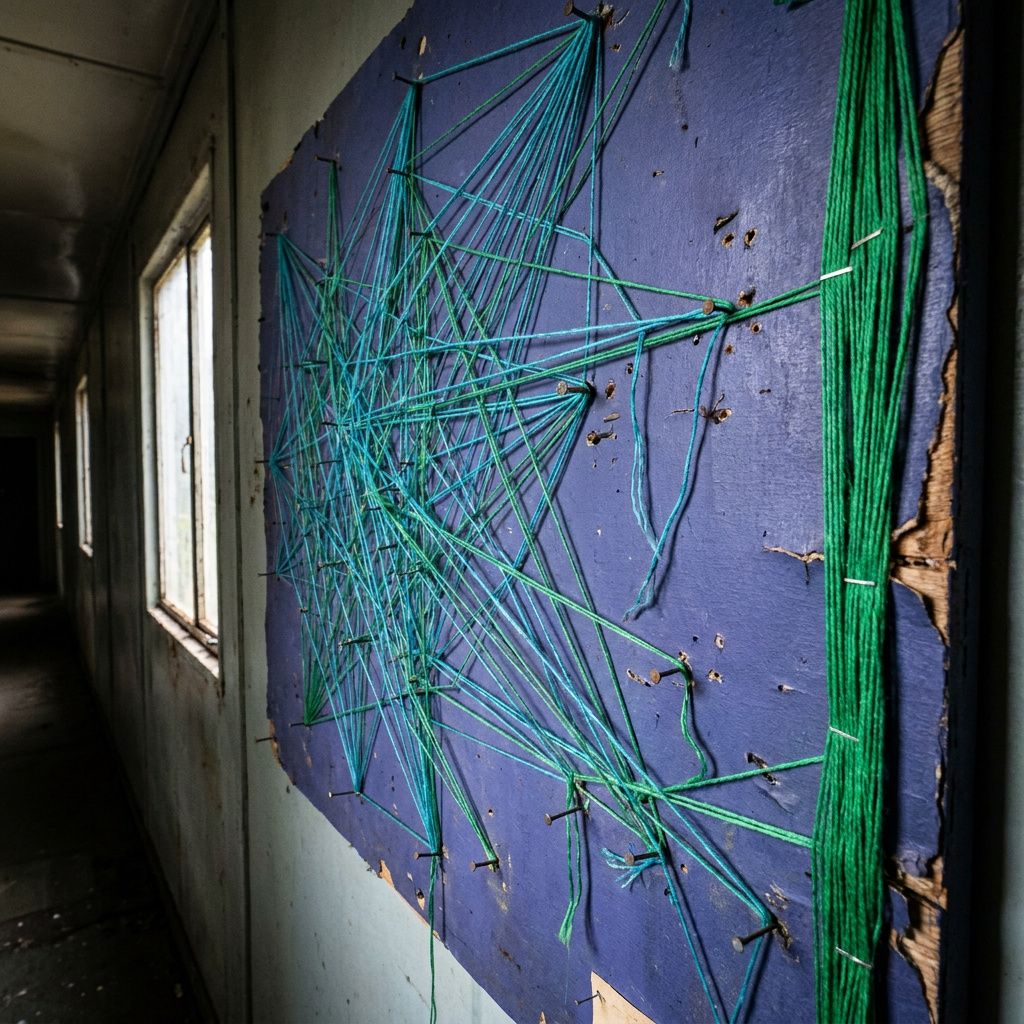 Fysisk routing‑kort med farvede tråde og nåle, indigo og cyan toner.