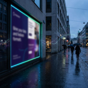Nordisk byscene ved skumring med stor digital facade, dyb lilla/indigo tone og cyan accenter; subtile data‑pulse overlays antyder AI‑styret annoncelevering.