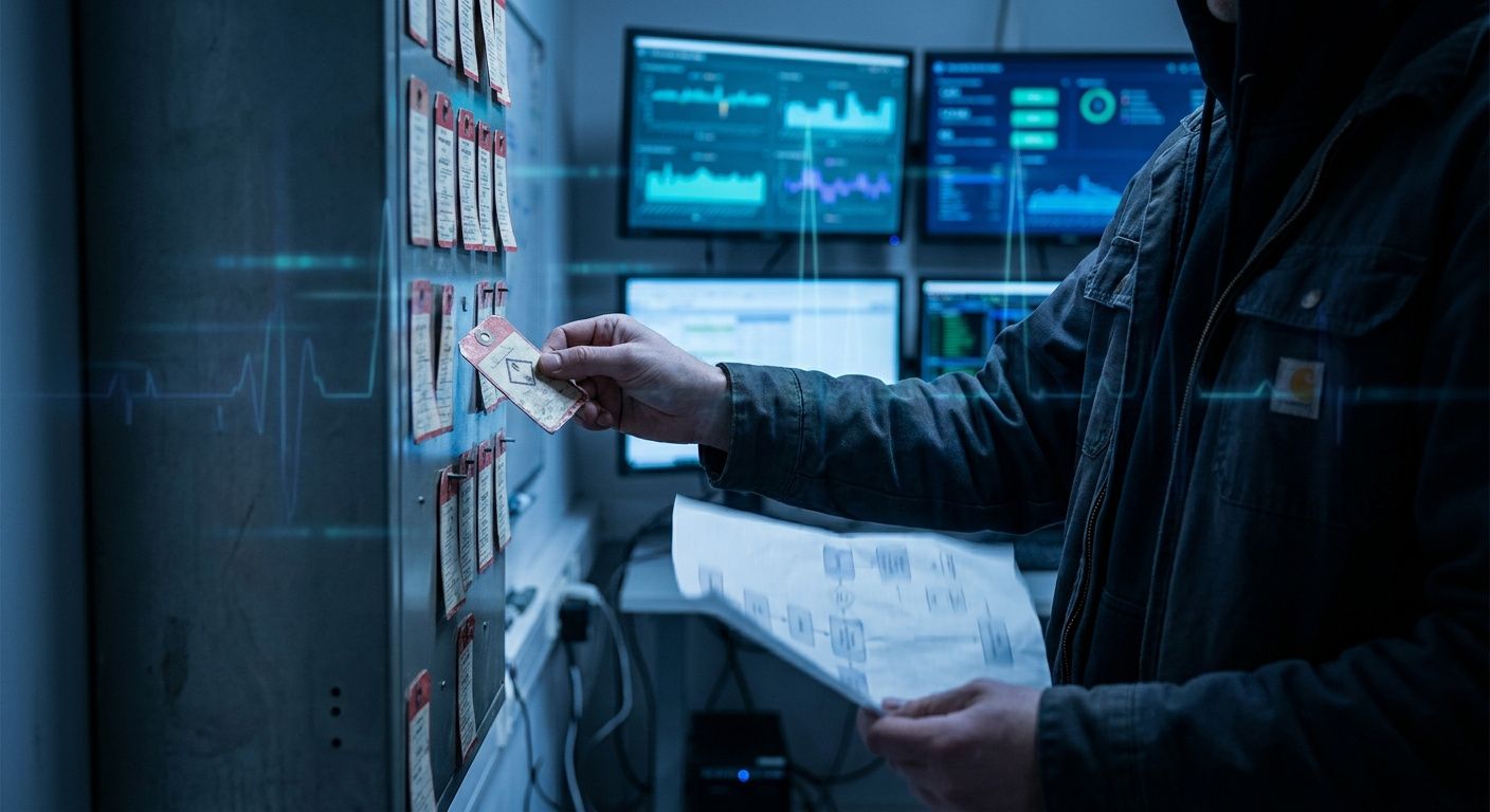 Operationsniche om aftenen: anonym torso sætter en incident‑lap på en magnetisk kolonne, indigo/cyan toner og subtile data‑pulser.