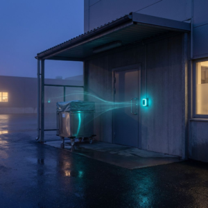 Dæmpet nordisk serviceindgang til et pharma‑laboratorium ved skumring med badge‑læser, forseglet transfervogn og subtile cyan/indigo signalaccents, der visuelt antyder sikker data‑flow.
