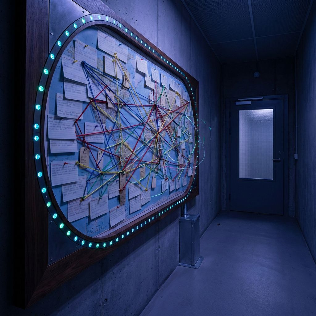 Editorial routing‑map i en teknikgang med farvede tråde og cyan/indigo statusprikker, som metafor for multi‑account datarørføring og kontekstrouting.