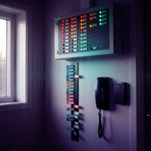 Operationsrum i en dansk salgs‑/driftsniche med vægmonteret statuspanel, farvede statuslamper og en lodret kolonne af farvekodede tickets — et visuelt signal om routing‑ og governance‑pres.