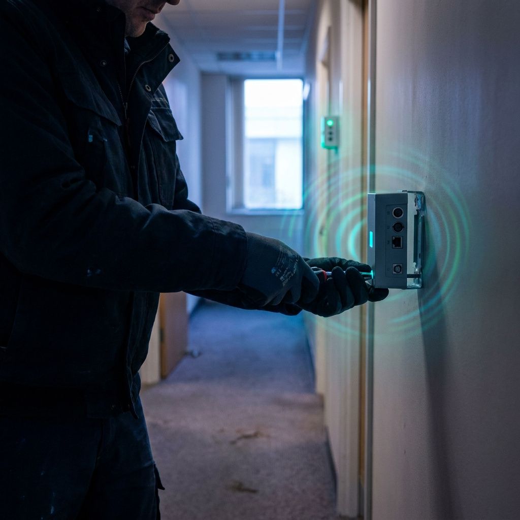 Torso og hænder fra en felttekniker, der installerer en anonym vægmodul i en kundes HR‑korridor; cyan/indigo lys fra et nærliggende statuspanel.