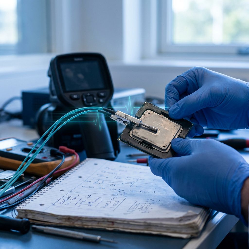 Nærbillede af en tekniker der monterer en termisk probe på en server‑CPU i et testmiljø — fokus på måling og performance‑diagnostik.