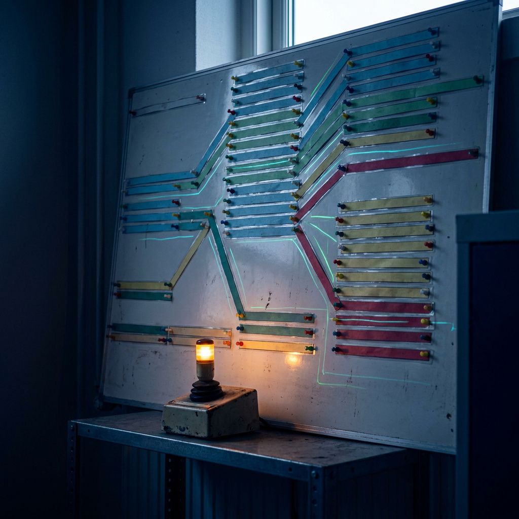 Operations routing board i en teknisk niche — farvekodede baner indikerer workflow og en amber indikator viser pres på en pipeline.