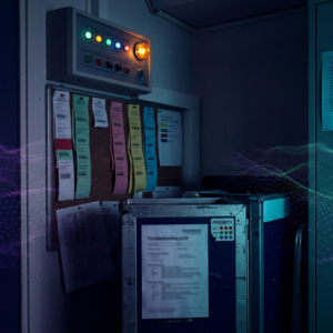 Nordisk on‑call niche med statuslampe og farvekodede, slørede ticket‑strimler, der viser backlog og driftspres – symbol på risiko ved manglende semantisk kontekst i AI‑agenter.