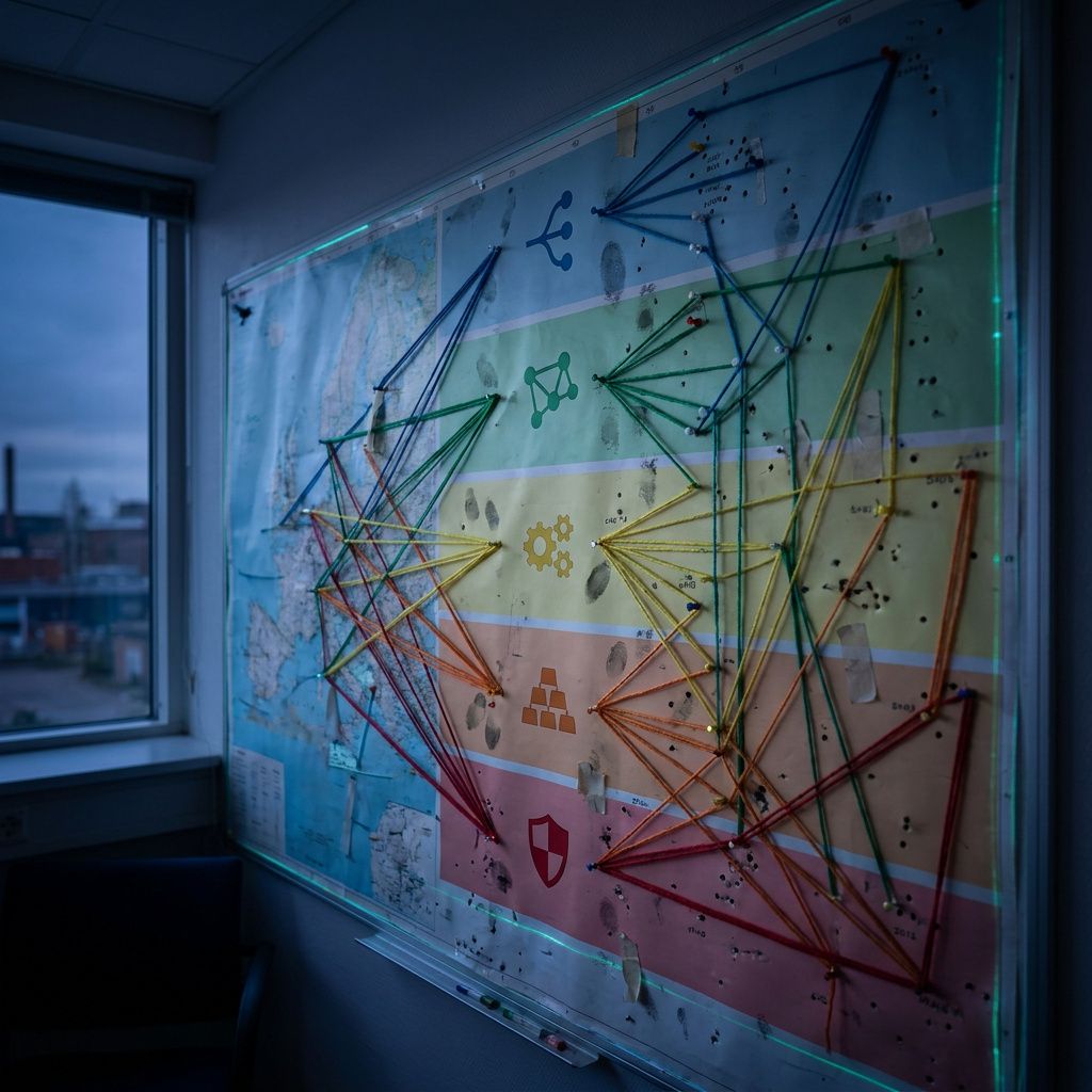 Vægkort med farvede ruter og tråde i en teknisk niche, symboliserer lagdelt kontekst‑orkestrering uden læsbar tekst.