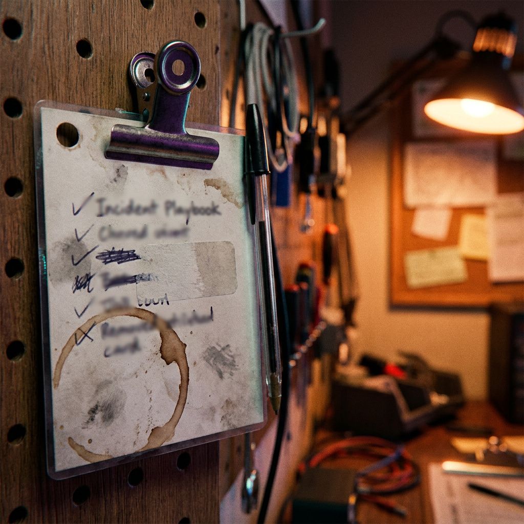 Nærbillede af en laminat 'incident playbook' med kaffefleks og tjekmærker, pegboard baggrund — detalje om driftprocedurer og observability.