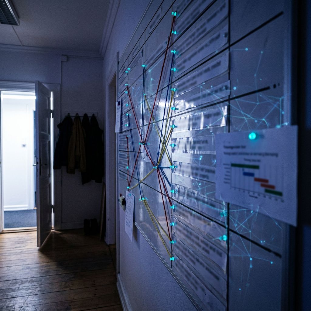 Operations map med farvede snore og ruter på en opslagstavle — visualisering af agent‑orkestrering og integrationskompleksitet.