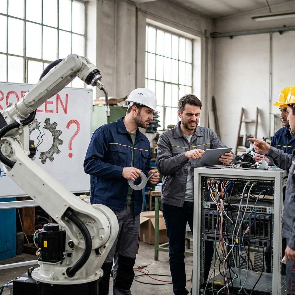 Tekniker (kun torso/hænder) udfører kontrolleret genstart ved et fysisk panel med aktiv amber lampe — et øjeblik der viser recovery‑processen i aktion.
