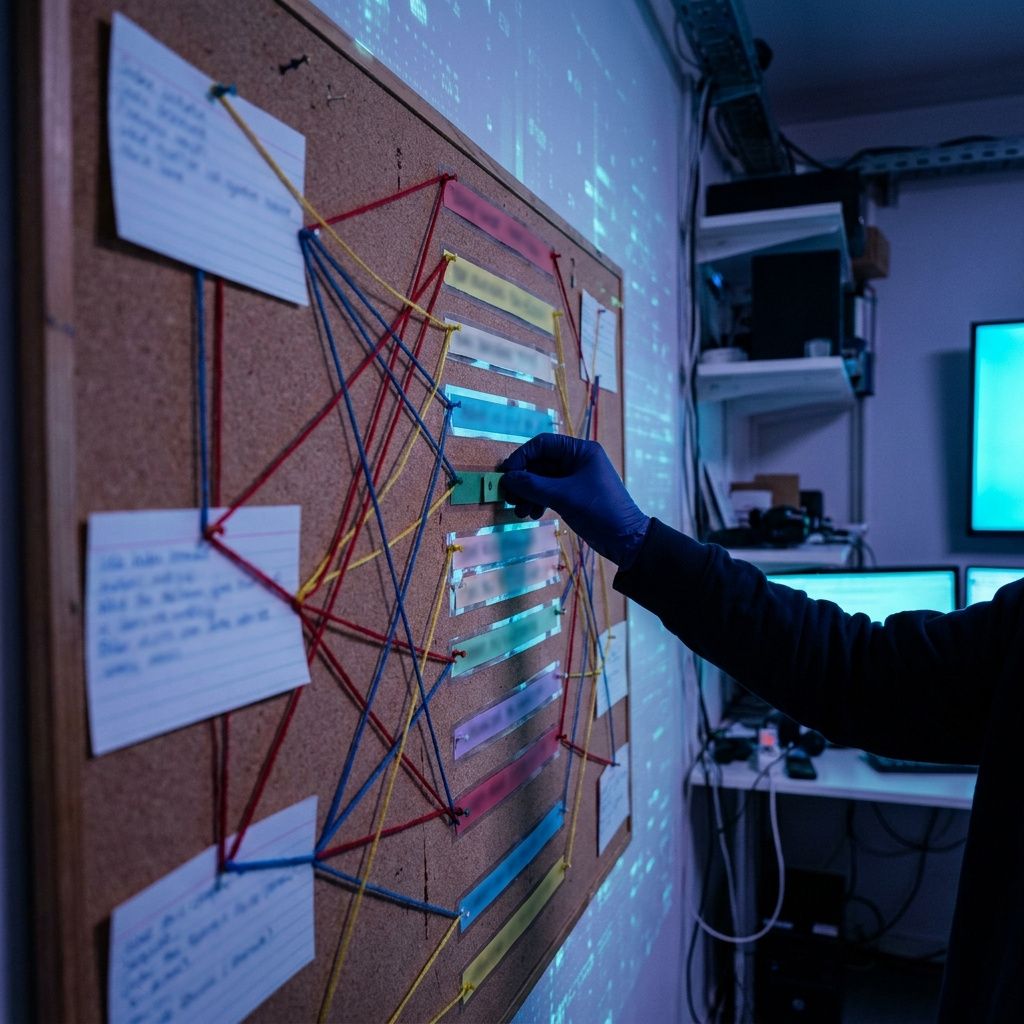 Operations map on en væg i en lille dansk virksomhed: farvede tråde og pinnede knuder viser versions‑ og fallback‑relationer; en teknikers hånd hviler ved en sløret versions‑tab.