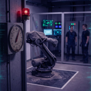 Redaktionelt foto af et robotics‑testsite: en robotarm parkeret ved en testbås og en vægmonteret rund timer, dybe indigo‑skygger og cyan signallys, symbol på tid og omkostning ved fysiske tests.