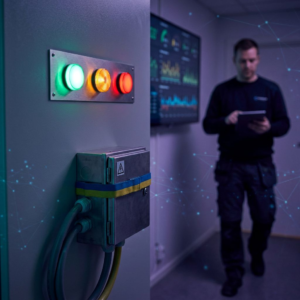 Nordisk ops‑niche med SLA‑lamper og en lille kanarizone‑enhed: visuel scene der viser driftsovervågning og risk‑valg for en SMV, i aftenskumring med deep purple og cyan accenter.