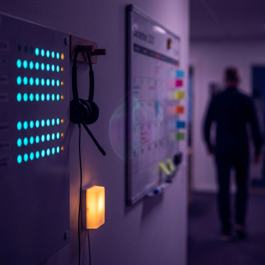 Support‑niche med ticket‑lamper og headset: symboliserer risikoen for support‑stigning ved modelskift, uden læsbar tekst.