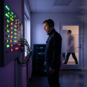Teknikniche i en dansk SMV under en canary smoke test: vægpanel med slørede statuslamper, en tekniker i profil med headset, amber‑alarm der lyser svagt — stemning af driftspres og beslutning.