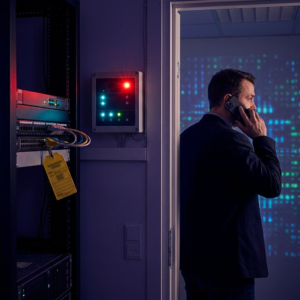CTO i døråbning ved en lille server‑niche med blinkende rødt alarmlys og en kanarietest‑tag på en patchledning — symbol på akut patch‑SLA og beslutningsmoment i en dansk SMV.