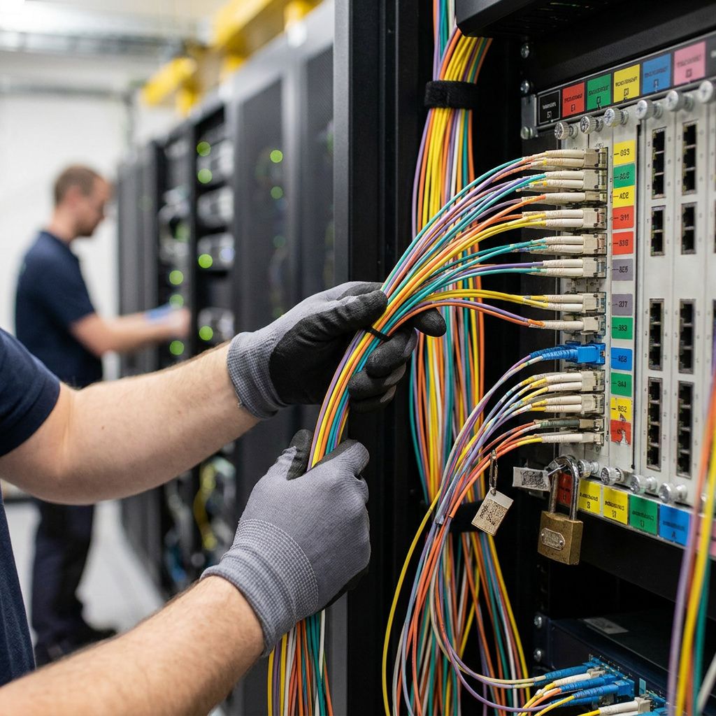 Tekniker‑hånd der rækker efter en fysisk kill‑switch nøgle i et rødt lockbox ved en servicedør, med pakker på hold i baggrunden.