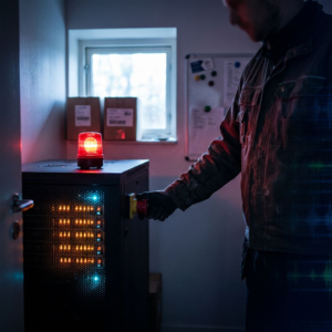 Tekniker aktiverer nødstopp ved et lille GPU‑rack i et dansk spilstudie — et øjeblik hvor drift og budget mødes.