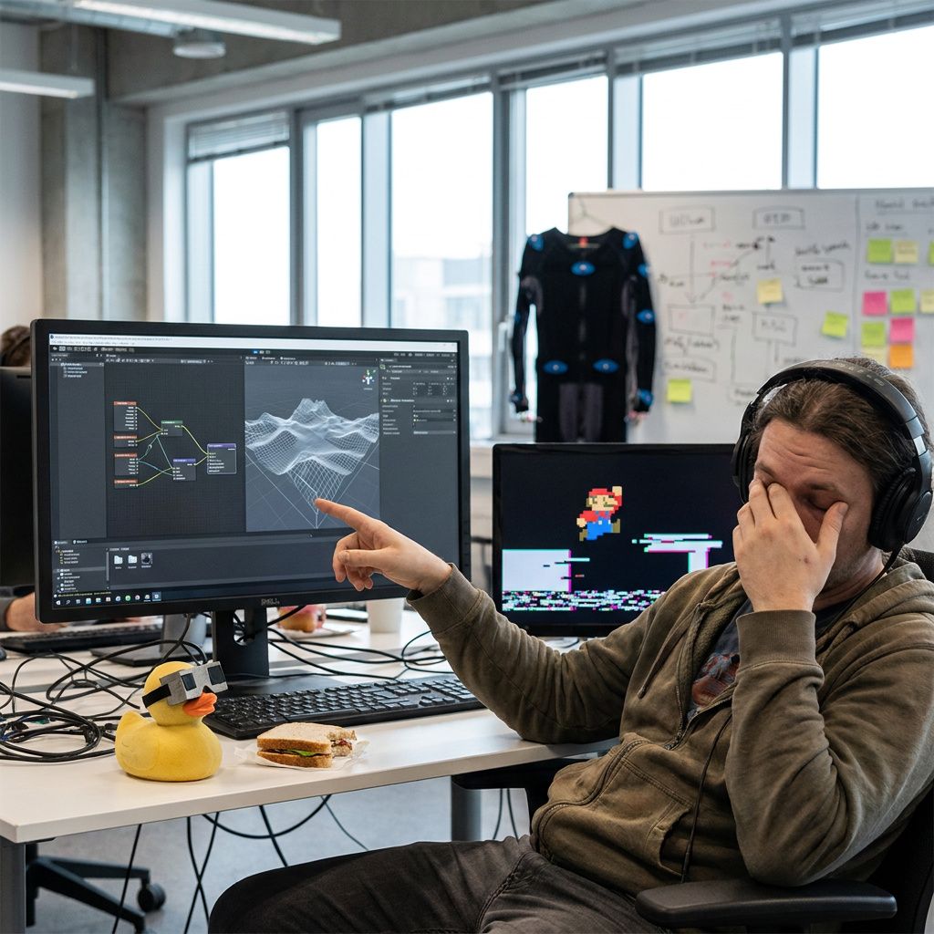 Playtestrum i et spilstudie efter en automatiseret testkørsel — controller og headset ligger tilbage.