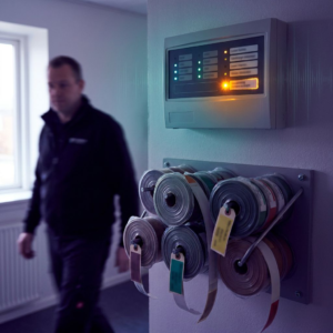 Operationshjørne i en dansk SMV med en vægmonteret alarmpanel med blinkende amber‑lampe og en holder med komprimerede logruller; dyb lilla/indigo tone og cyan‑accents, symbol på alarmstøj fra dubleret logging.
