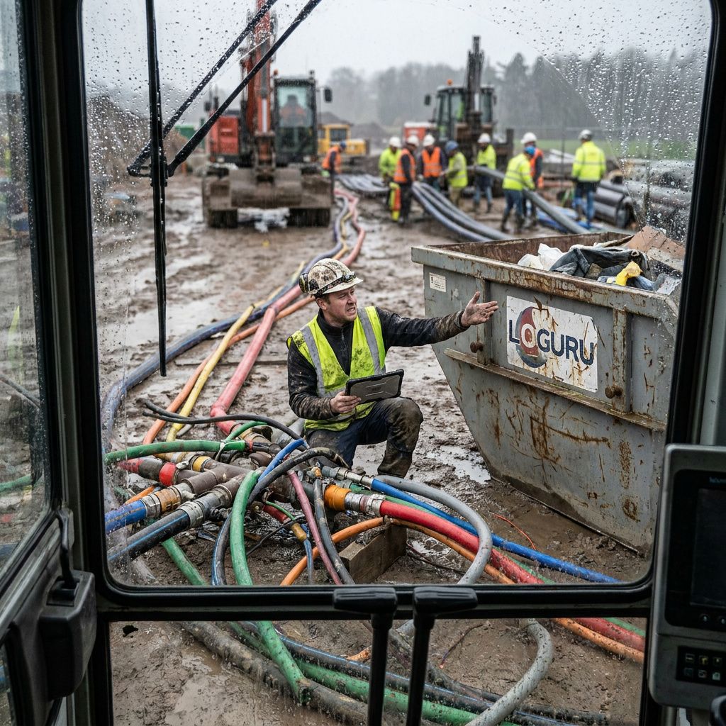 Nærbillede af en komprimeret, gzippet logrulle i en vægholder; sløret mærkning, cyan‑rimlys og indigo skygger signalerer rotation og retention i drift.