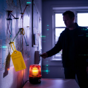 Operationsvæg i en dansk SMV med et canary‑mærke på en service‑pin og et blinkende alarmlys — et signal om drifts- og omkostningspres, set i Snilld‑stil med dybe indigo‑skygger og cyan accenter.