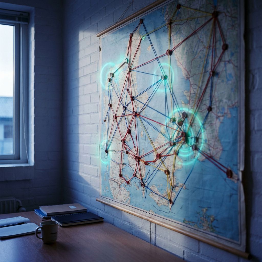 Vinkelbillede af en systems‑map med farvede ruter og pins i en dansk operationskrog, Snilld‑farvetone med cyan pulser — illustrerer systemernes afhængigheder.