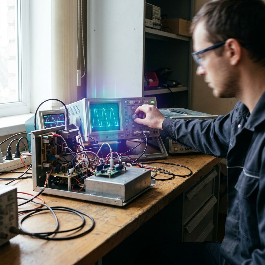 Test‑rig i et SME‑laboratorium: måleinstrumenter og en tekniker, scene der indikerer igangværende performance‑måling.