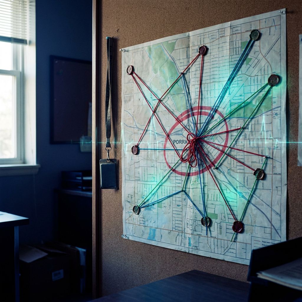 Vægkort med service‑ruter og et rødt flaskehals‑stempel, symboliserer netværks‑ og dataresidency‑risici ved migration.