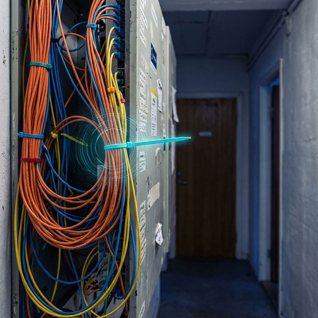 Et tæt foto af et netværkspatch: fiberbundter og en stram, farvet tie markerer en routing‑hotspot; indigo og cyan toner giver en teknisk, alvorlig stemning.