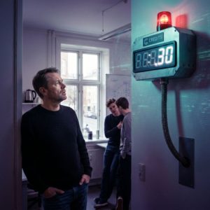 IT‑leder i en dansk SMV står i et operationshjørne og ser på en vægmonteret kreditmåler med blinkende rød alarm — et beslutningsmoment om hastige top‑ups og budgetpres.