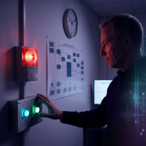 Driftsalarm blinker i et lille dansk driftshub; IT‑ansvarlig står ved alarmen og ser beslutningsøjeblikket, cyan/green signalaccents og indigo stemning.