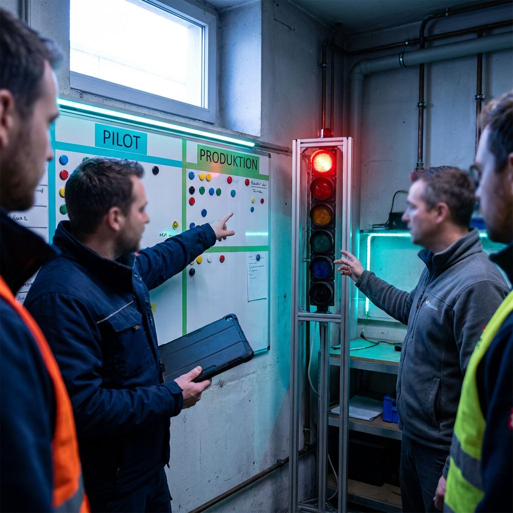 Bordøvelse i drift: teknikere foran en farvekodet skillelinje og en statuslampe, beslutsomt operationsmoment i en dansk SMV.