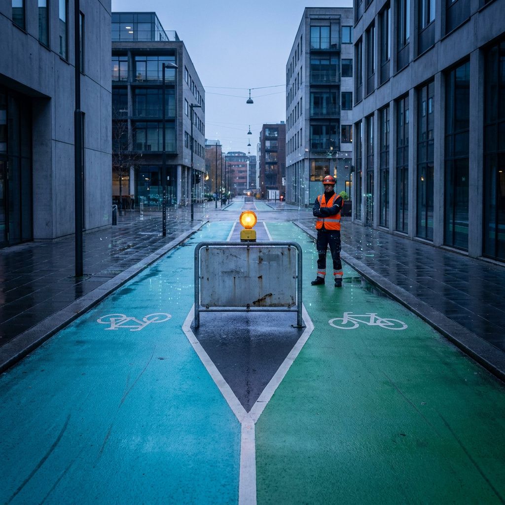 Metaforisk byscene: cyan/green opdeling af en sti, blinkende kontrollampe, symbol på pilot vs produktion.
