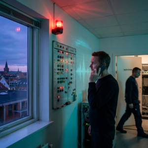 Aftenscene i et lille dansk operationsrum: en væg med farvede incident‑tokens, blinkende rød alarmlampe og en supportleder i profil i telefon. Indigo/purpur tone med cyan/grønne accenter.