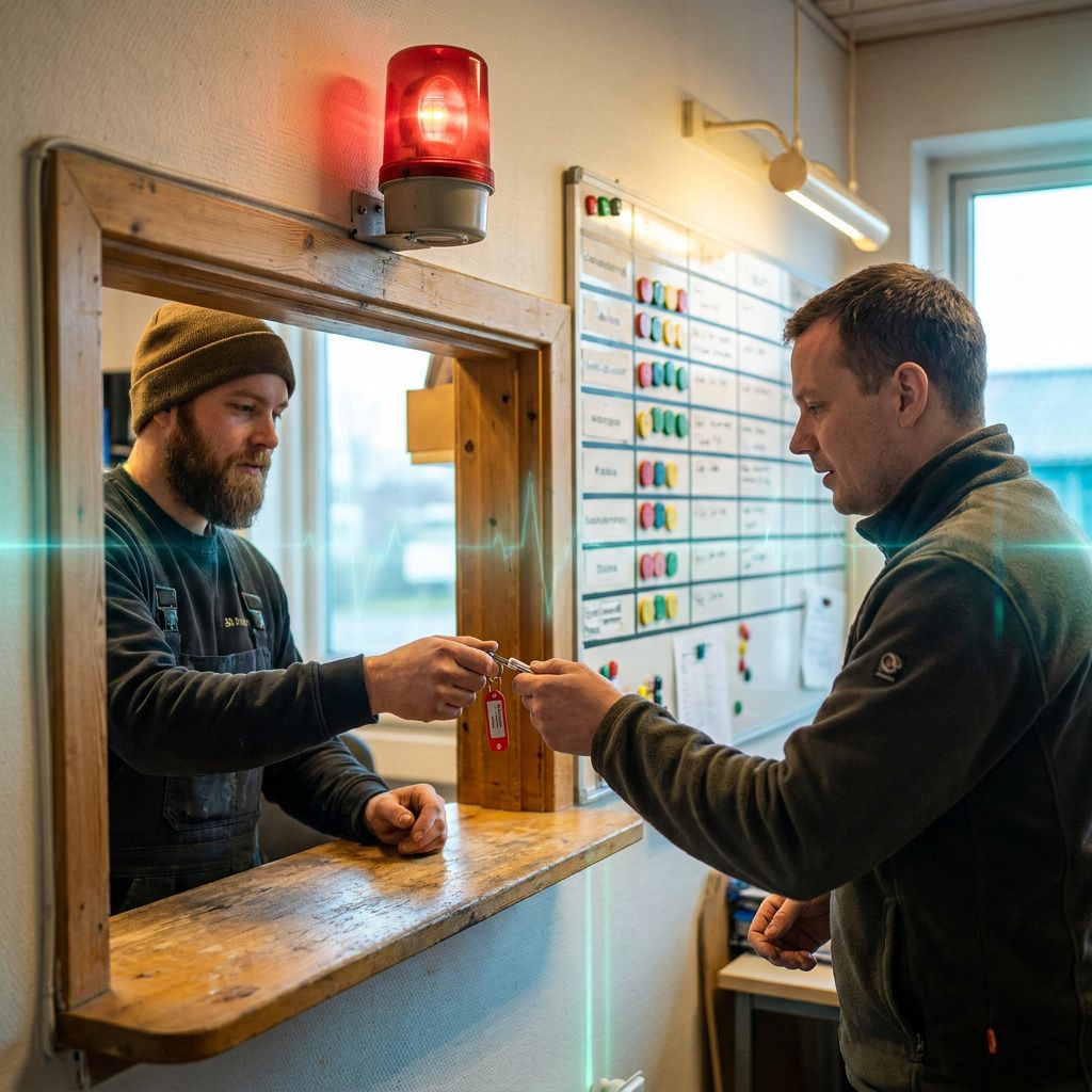 Teknikere i en kort incident‑overlevering ved et pass-through vindue, blinkende alarmlys i baggrunden, cyan/grøn tone.