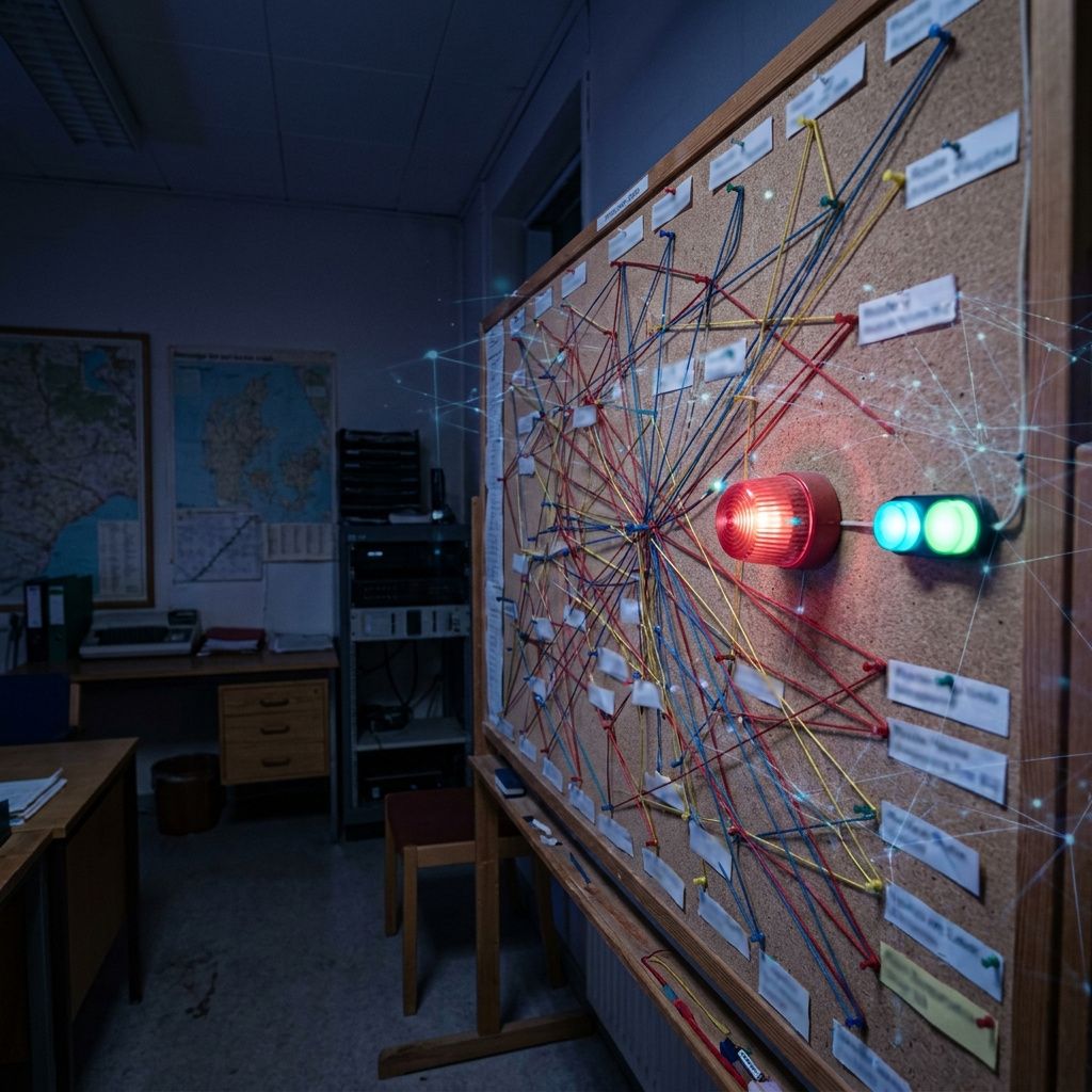 Metaforisk foto af et kommunalt dispatch‑kort med slørede pins og en blinkende alarm, blå/grøn tone.