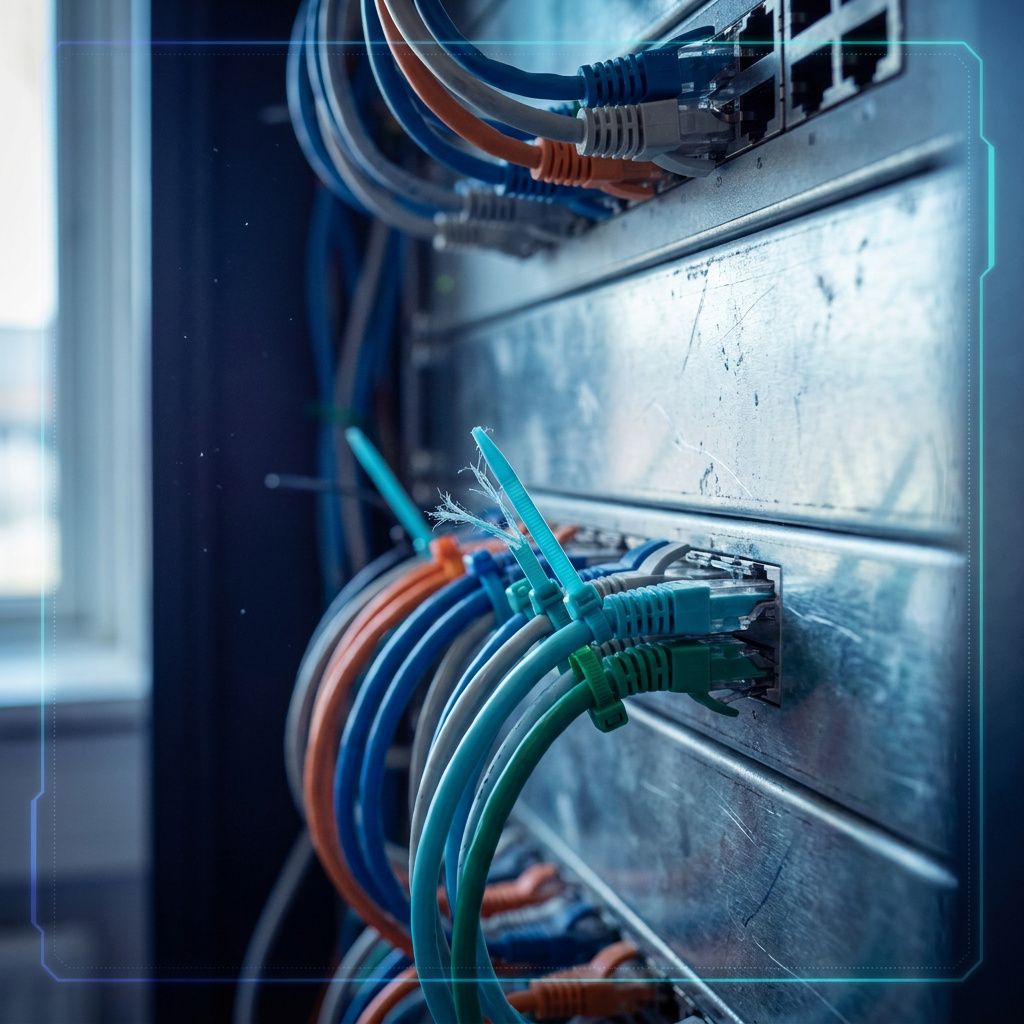 Nærbillede af et patchpanel i en mindre IT‑skab med cyan og grønne kabelbind, tekst sløret og et let slidt kabelbind synligt.