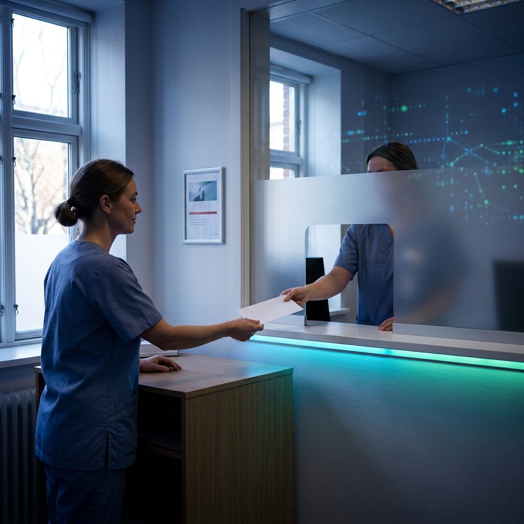 Et diskret øjeblik i en dansk klinik: to ansatte ved en skranke udveksler et anonymiseret kort; privacy‑stemning med afdæmpet cyan/indigo toning.