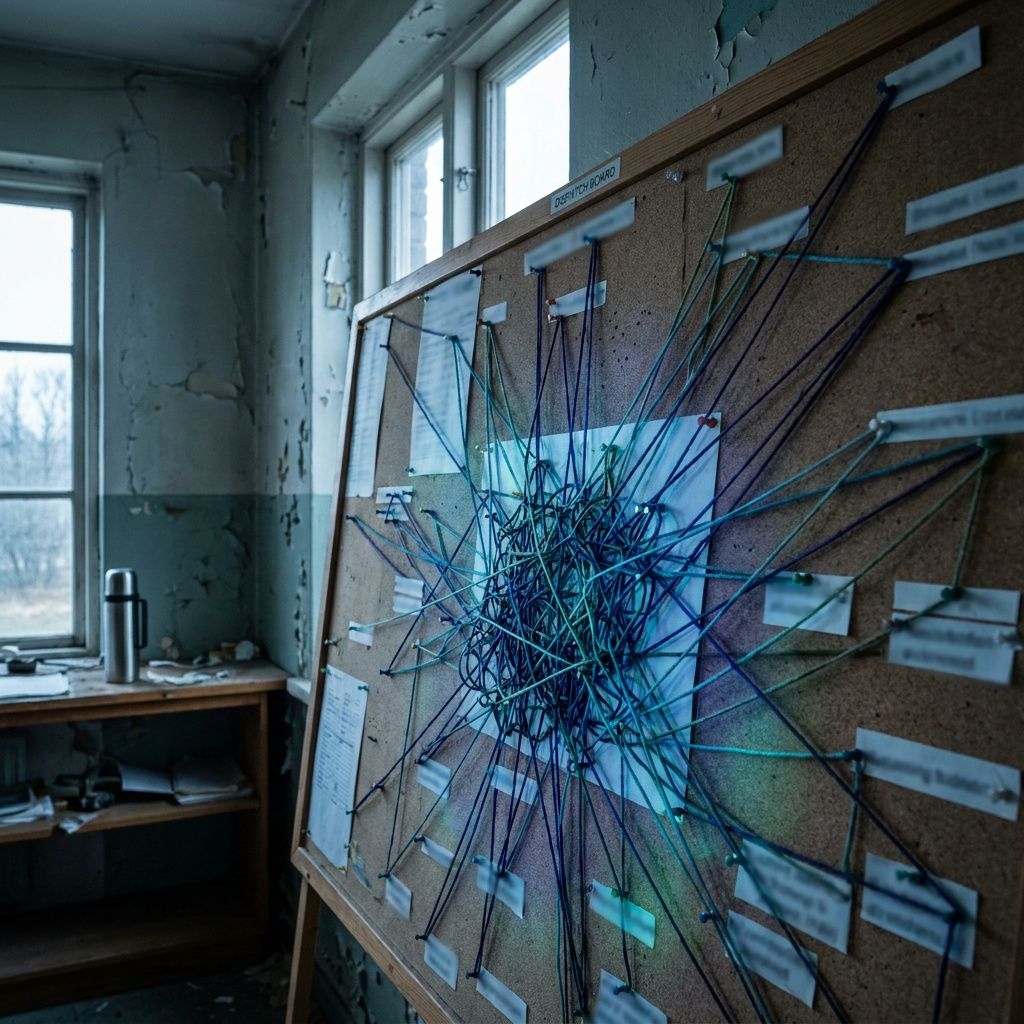Dispatch board med farvede snore der mødes i en overbelastet rute — visuel metafor for loop‑hotspots og flaskehalse.