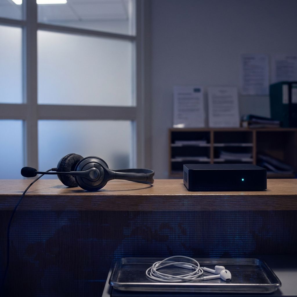Stille klinikscen: headset og mini‑compute enhed ved skranke, antyder lokal transskription uden patientdata.