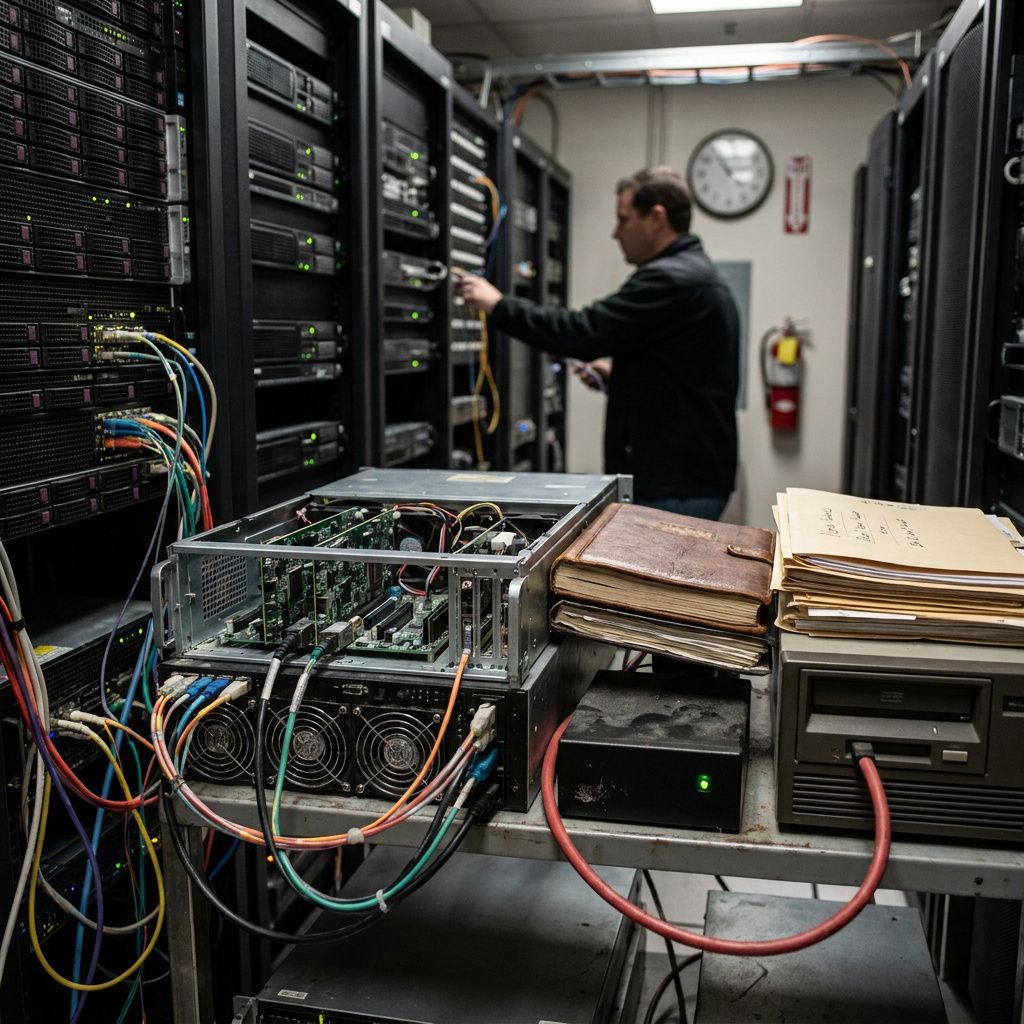 Klinisk triage‑workstation med edge‑enhed og pulserende statuslampe under en POC‑test, sygeplejerske i baggrunden.